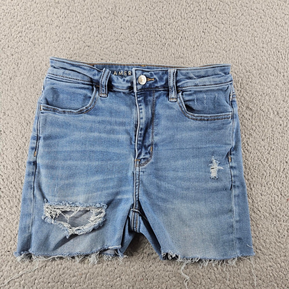 American Eagle Super Hi Rise Jegging Denim Shorts Women 6 Blue Distressed Cutoff